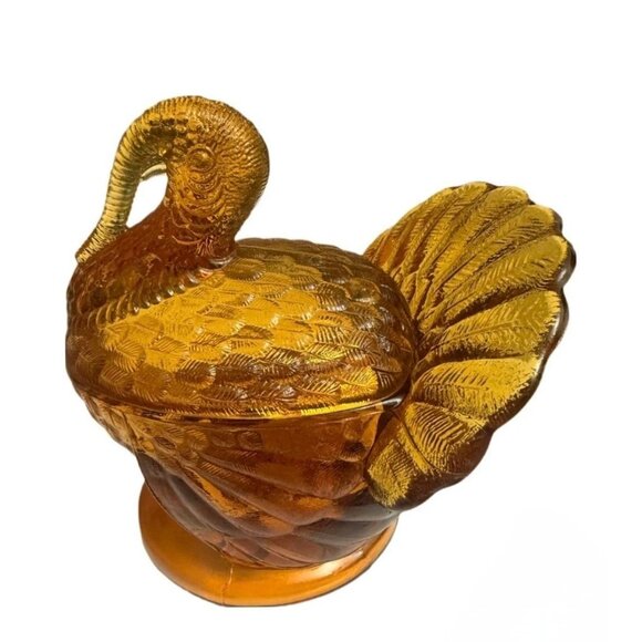 Vintage LE Smith 7” Amber Tom Turkey Glass Lidded Covered Candy Dish MCM 1960s - Picture 3 of 8